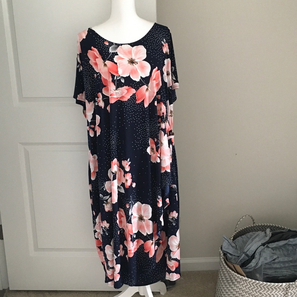 Robbie Bee Navy Floral Midi Dress with Pink Blossoms